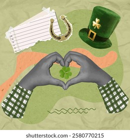 Collage of hands forming a heart with a four-leaf clover for Saint Patrick's Day, vector illustration