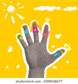 Collage of hands, friendly family of fingers, dad, mom, sister, brother, baby. On a yellow background with sun and clouds. Family of fingers.