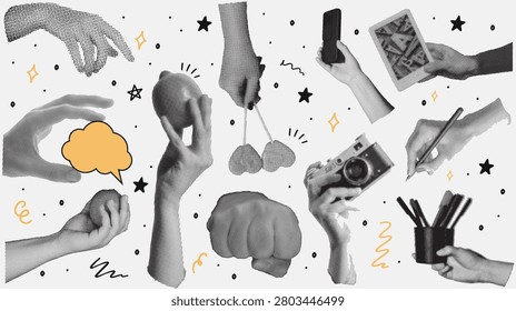 Collage of Hands Holding Objects and Abstract Shapes with Halftone Effect Keywords: hand, holding, object, camera