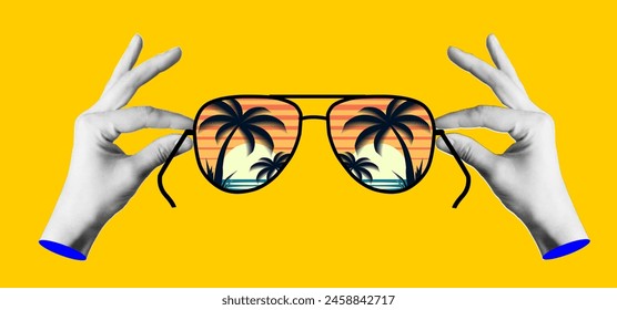 Collage de manos sosteniendo gafas de sol con una vista a la playa. Diseño conceptual para Anuncios. carteles. agencia de viajes Ilustración vectorial EPS 10