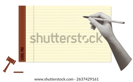 Collage of hands with notepad on yellow paper background. Notepad with lines, blank notepad sheet, empty space for text. Vector EPS10
