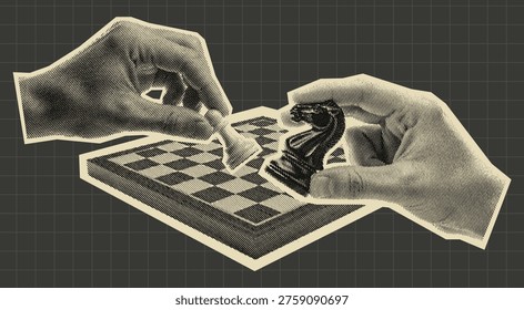 Collage of Hands Playing Chess with Knight and Pawn Pieces Retro Halftone Style Illustration