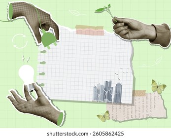 A collage of hands presenting plant growth elements alongside blank paper, perfect for green design projects.