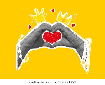 A collage of hands shows the shape of a heart, the hands of a female queen and a male king, crowns on top, red hearts, a girl's bracelet and a man's sleeve. Vector illustration.