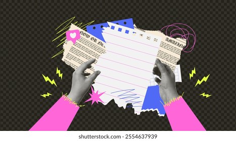 Collage of hands, torn paper, newspaper. A halftone hand holds a list of an empty page. Vector illustration in pop art style.