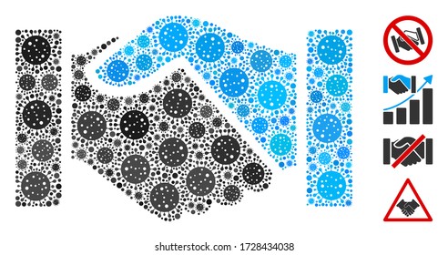 Collage handshake designed from SARS virus icons in variable sizes and color hues. Vector pathogen items are combined into abstract collage handshake icon. Some bonus icons are added.