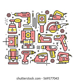 Collage of hand-tools for renovation, repairs or construction works. Instruments for working with wood, metal or other materials. Modern thin line art icons. Linear style illustrations.