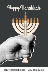 Collage von Hanukkah mit traditionellem Symbol des Feiertages Menorah. Hand, Vektorgrafik