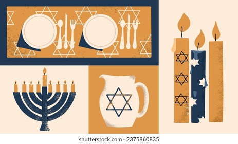 Collage of Hanukkah with traditional symbols of the holiday. Hand draw vector illustration