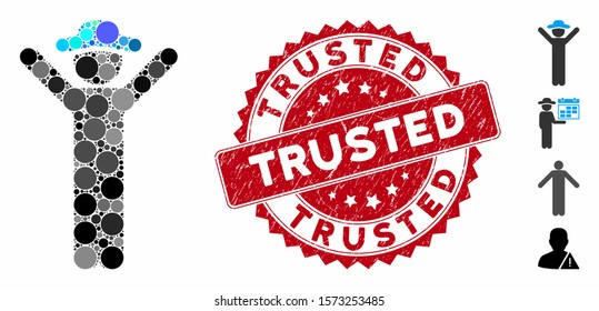 Collage happy gentleman icon and distressed stamp seal with Trusted text. Mosaic vector is composed with happy gentleman icon and with scattered round items. Trusted stamp seal uses red color,