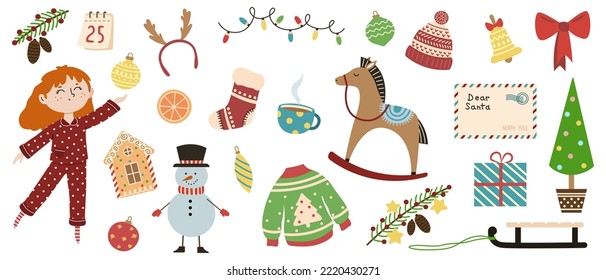 Collage of happy girl with Christmas symbols on white background