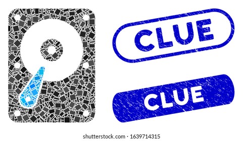 Collage hard disk icon and red rounded grunge stamp seal with Clue caption and coronavirus symbol. Mosaic vector is designed from hard disk icon and with scattered circle items.