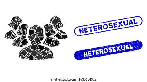 Collage harem and distressed stamp seals with Heterosexual text. Mosaic vector harem is designed with random rectangle items. Heterosexual stamp seals use blue color, and have round rectangle shape.