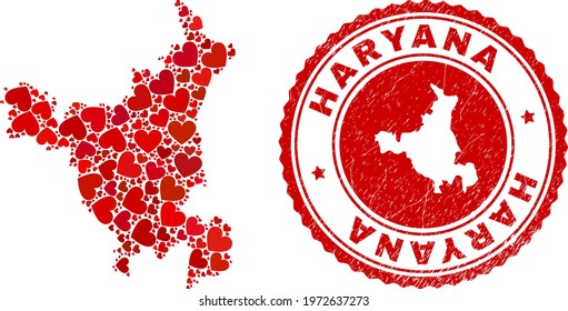 Collage Haryana State map composed from red love hearts, and rubber seal stamp. Vector lovely round red rubber seal stamp imprint with Haryana State map inside.