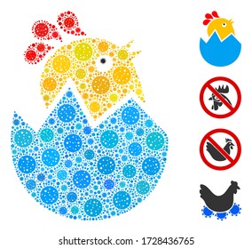 Collage hatch chick composed of SARS virus icons in different sizes and color hues. Vector infection elements are composed into abstract composition hatch chick icon. Some bonus icons are added.