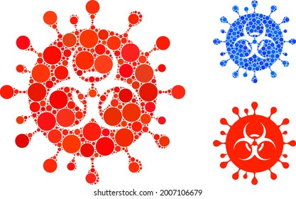 Collage hazard virus icon composed of round items in different sizes, positions and proportions. Blue and original versions of hazard virus icon.