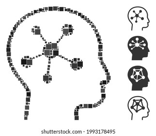 Collage Head brain icon organized from square items in different sizes and color hues. Vector square items are combined into abstract collage head brain icon. Bonus icons are placed.
