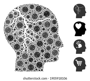 Collage head cancer composed of coronavirus items in variable sizes and color hues. Vector viral items are composed into abstract composition head cancer icon. Some bonus icons are added.