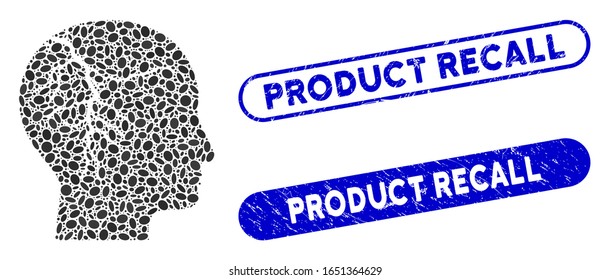 Collage head cancer and distressed stamp seals with Product Recall text. Mosaic vector head cancer is formed with random elliptic spots. Product Recall stamp seals use blue color,