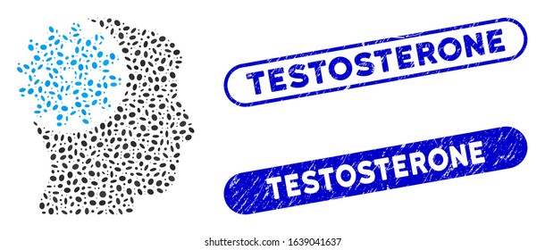 Collage head gear and rubber stamp seals with Testosterone phrase. Mosaic vector head gear is designed with scattered elliptic elements. Testosterone stamp seals use blue color,