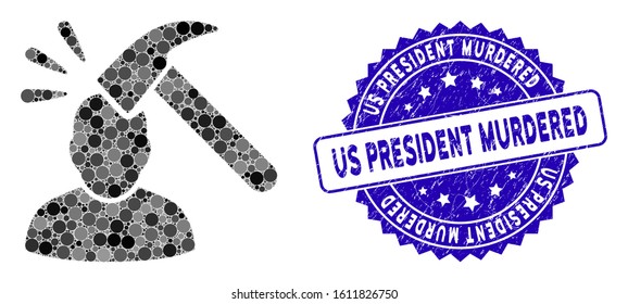 Collage head shock icon and grunge stamp seal with Us President Murdered text. Mosaic vector is formed with head shock icon and with scattered round items.