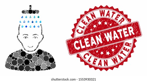 Collage head shower and rubber stamp seal with Clean Water caption. Mosaic vector is composed with head shower icon and with scattered spheric spots. Clean Water seal uses red color,