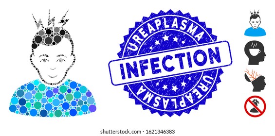 Collage headache icon and corroded stamp seal with Ureaplasma Infection phrase. Mosaic vector is created with headache icon and with scattered spheric items.