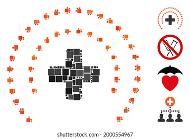 Collage Health care protection icon organized from square elements in different sizes and color hues. Vector square elements are composed into abstract collage health care protection icon.