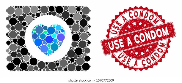 Collage heart condom pack and grunge stamp seal with Use a Condom text. Mosaic vector is composed with heart condom pack icon and with random spheric elements. Use a Condom stamp seal uses red color,
