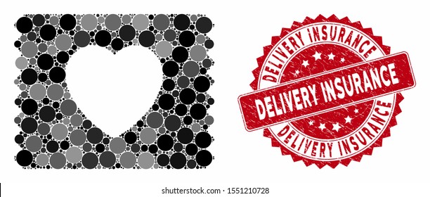 Collage heart condom pack and rubber stamp seal with Delivery Insurance text. Mosaic vector is formed with heart condom pack icon and with scattered round spots.