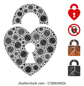 Collage Herlock aus Grippevirus-Elementen in zufälligen Größen und Farbtönen. Vektor-Pathogenelemente werden in abstrakte Collage Herlock Icon eingeteilt. Einige Bonussymbole werden hinzugefügt.