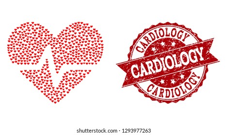 Collage heart pulse formed with red valentine hearts, and isolated grunge stamp. Composition for Valentines Day. Heart pulse concept constructed with small random wedding heart items.