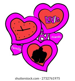A collage of heart shapes: a clock, the word "Love, and a silhouette of a family.