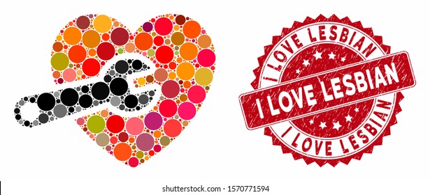 Collage heart surgery and corroded stamp seal with I Love Lesbian caption. Mosaic vector is composed with heart surgery icon and with randomized circle elements. I Love Lesbian stamp uses red color,