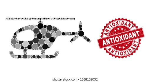 Collage helicopter and distressed stamp seal with Antioxidant text. Mosaic vector is designed with helicopter icon and with random circle items. Antioxidant stamp seal uses red color,