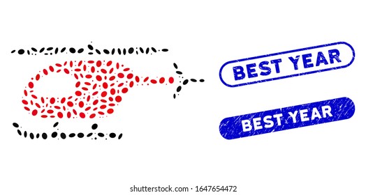 Sammeln Sie Hubschrauber und Stempeldichtungen mit dem Best Year-Satz. Der Hubschrauber für die Vektorillustration Mosaik wurde mit randomisierten Ellipsenpunkten entwickelt. Die besten Jahresstempelsiegel verwenden blaue Farben.