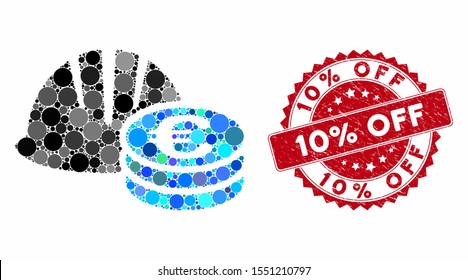 Collage helmet and Euro coins and rubber stamp seal with 10% Off phrase. Mosaic vector is created from helmet and Euro coins icon and with randomized round elements. 10% Off stamp seal uses red color,