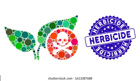 Collage Herbicide Icon And Rubber Stamp Seal With Herbicide Caption. Mosaic Vector Is Designed From Herbicide Icon And With Random Round Items. Herbicide Stamp Uses Blue Color, And Rubber Surface.