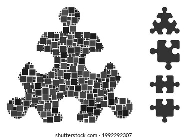 Collage Hex puzzle item icon organized from square elements in various sizes and color hues. Vector square parts are organized into abstract collage hex puzzle item icon. Bonus pictograms are added.