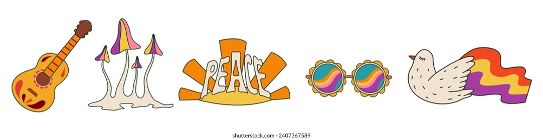 Collage of hippie symbols on white background