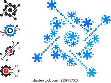 Collage hitech industry pictogram is created for winter, New Year, Christmas. Hitech industry icon mosaic is created of light blue snow parts. Some bonus icons are added.