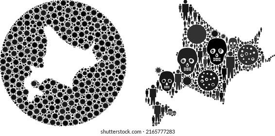Collage Hokkaido map united from SARS virus items and population and skeleton items. Flu virus Hokkaido map collage designed with circle and stencil. Collages designed for treatment posters.
