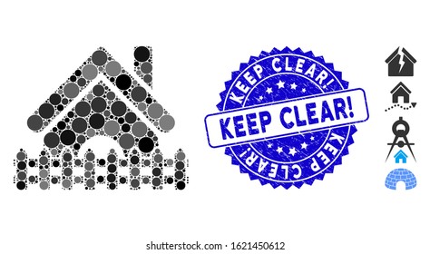 Collage home fence icon and rubber stamp seal with Keep Clear! phrase. Mosaic vector is composed with home fence icon and with scattered spheric elements. Keep Clear! stamp seal uses blue color,