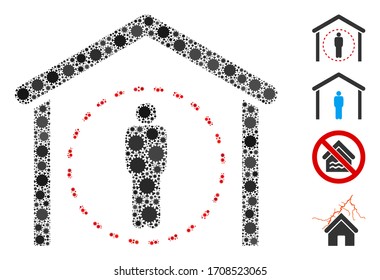 Collage home quarantine composed of covid-2019 virus icons in different sizes and color hues. Vector viral icons are organized into abstract collage home quarantine icon. Some bonus icons are added.