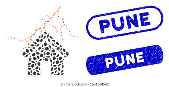 Collage home in thunderstorm and corroded stamp seals with Pune text. Mosaic vector home in thunderstorm is composed with scattered oval items. Pune stamp seals use blue color,