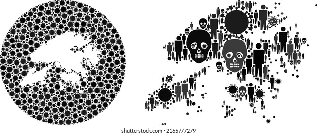 Collage Hong Kong map composed of flu virus elements and people and skeleton elements. Evil virus Hong Kong map collage designed with circle and subtracted space.