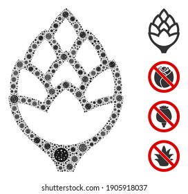Collage hop bud designed from covid-2019 virus icons in different sizes and color hues. Vector viral icons are arranged into abstract collage hop bud icon. Some bonus icons are added.
