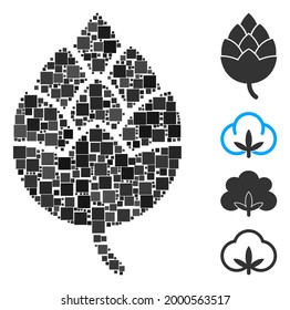 Collage Hop bud icon composed of square items in random sizes and color hues. Vector square items are composed into abstract illustration hop bud icon. Bonus icons are placed.