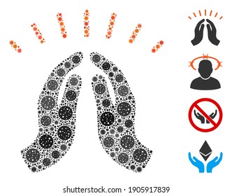 Collage hope hands organized from SARS virus items in variable sizes and color hues. Vector infection parts are organized into abstract collage hope hands icon. Some bonus icons are added.