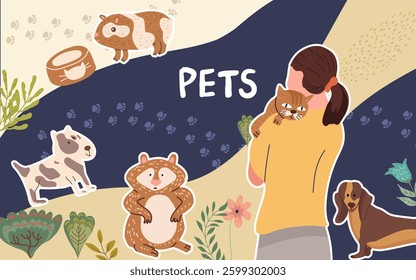 Collage, horizontal background, set of portraits of adorable pet owners and cute pets. Hand drawn vector illustration.